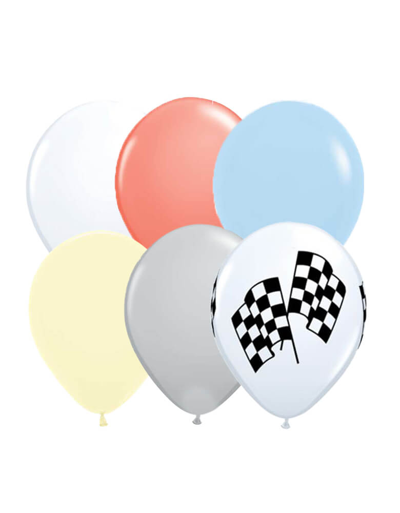 Qualatex 11" Latex Balloon Mix with matte blue, matte yellow, Grey, Coral, White, Flag patten latex balloons for Race Car themed birthday party
