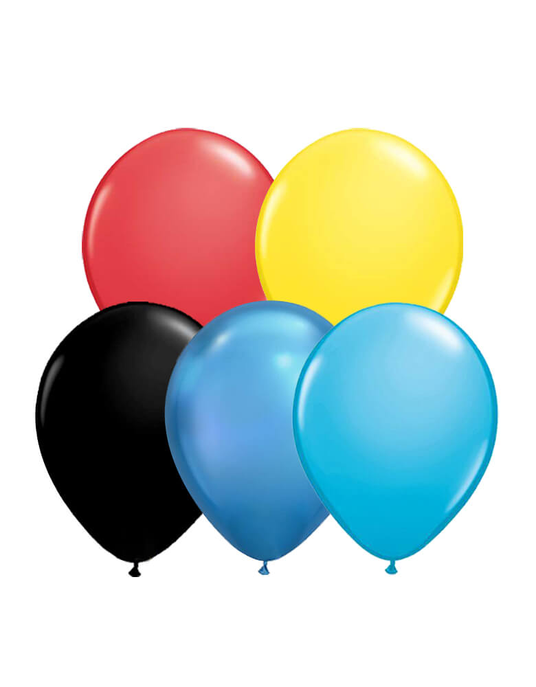 Set of 12 Qualatex Latex Balloon Mix including 3 of each red and yellow balloons; 2 of each chrome blue, robin's egg blue, and black balloons