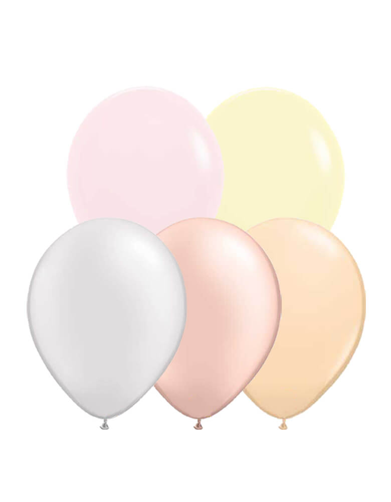 Qualatex Latex Balloons Set of 12, including assorted pearl white, pearl peach, matte yellow, matte pink and blush latex balloons. Specially designed color for Momo party Tea party collection.  