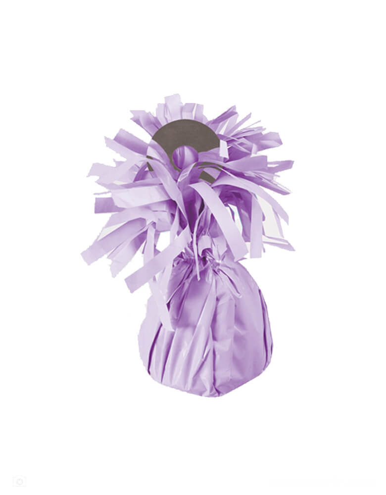 Momo Party's 2" x 5" lavender balloon weight, capable of securing up to 15 - 11" latex latex or 12 foil helium filled balloons, great for balloon bouquets. Features an attached plastic tab that comes up from the middle of weight to tie your balloon ribbons on to.