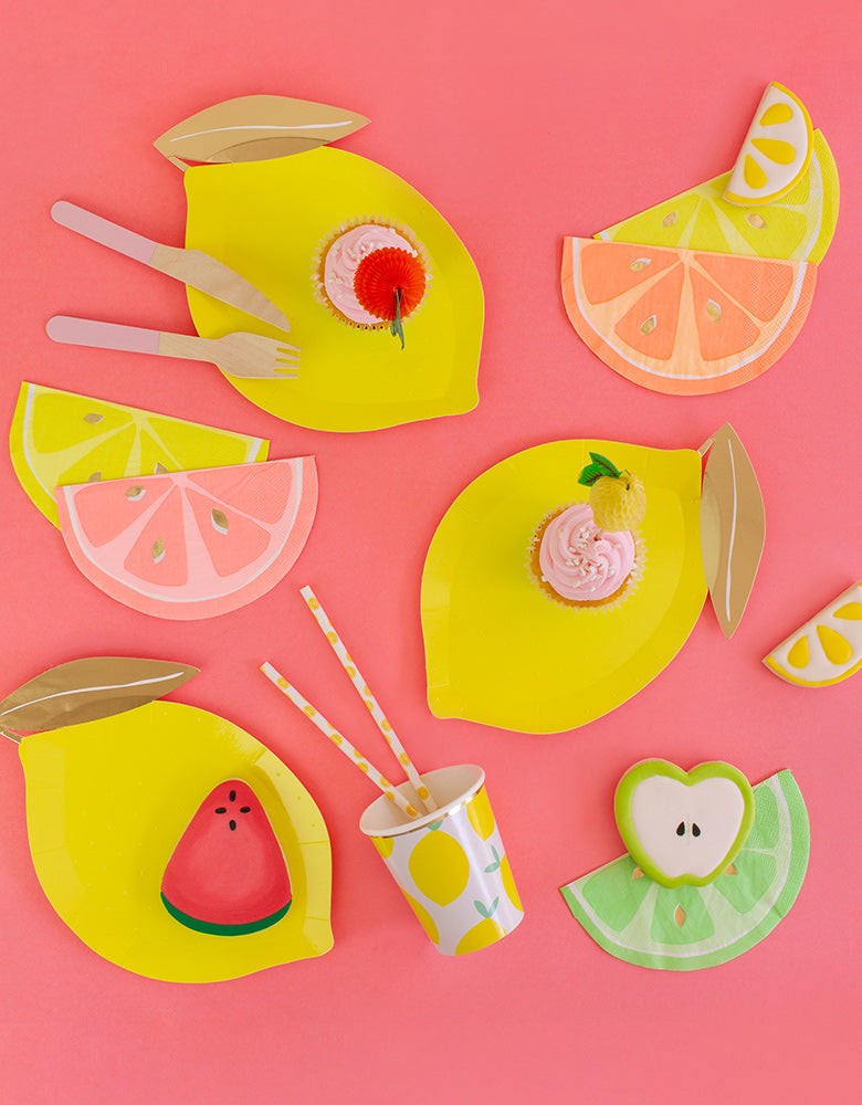 Lemon Shaped Party Paper Plates with Napkins and Lemon Cups  and Cookies