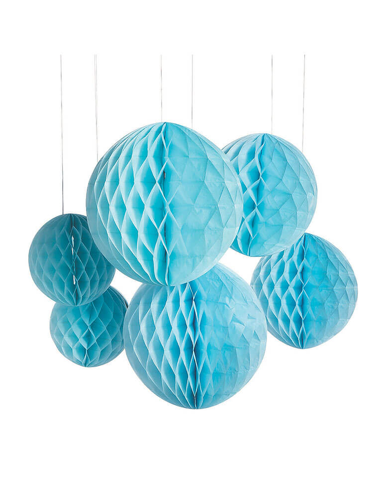 Light Blue Hanging Honeycomb Decorations Set of 6, perfect for a boy baby shower or mix it with pink for a gender reveal party