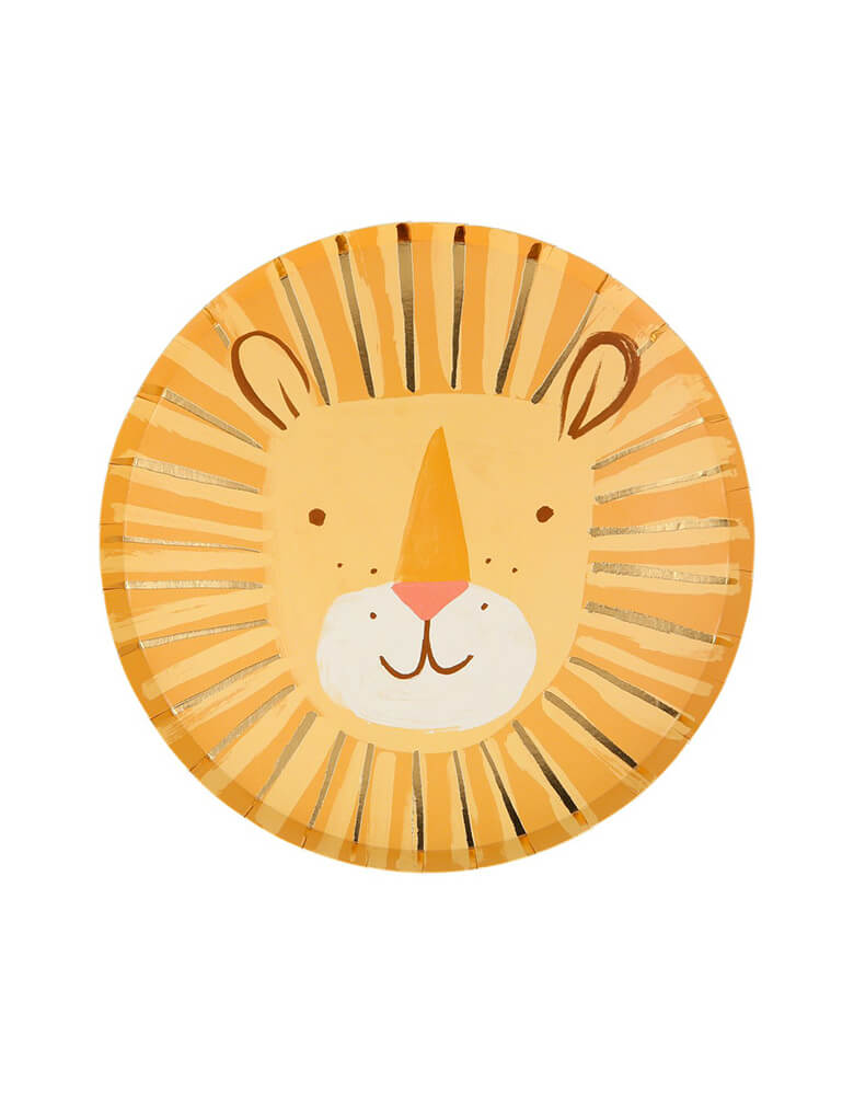 Lion Plates by Meri Meri. Set of 8. These delightful lion Rounded plates, with an adorable illustration and shiny gold foil details, will look amazing on the party table. They are perfect for a really wild party!