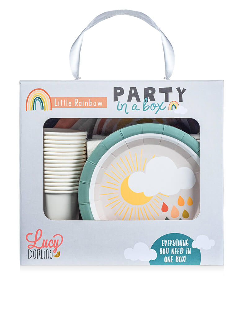 Lucy Darling Party Goods, Little-Rainbow_Party-in-a-Box in its package. With this rainbow themed party in a box, most everything you will need is all in one box! From paper plates, paper cups, to cake toppers, to banners, you'll find it all right here. This is a perfect party set for rainbow themed birthday, unicorn rainbow themed birthday, or any even for a magical rainbow lover