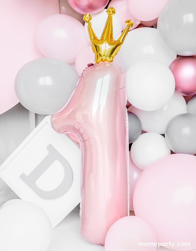 35 inch Little Crown Number 1 Pastel Pink Foil Balloon by Party Deco. This adorable number 1 foil balloon with a little gold crown is a perfect for your baby first birthday party! It's a great way mark your little princess' big milestone!
