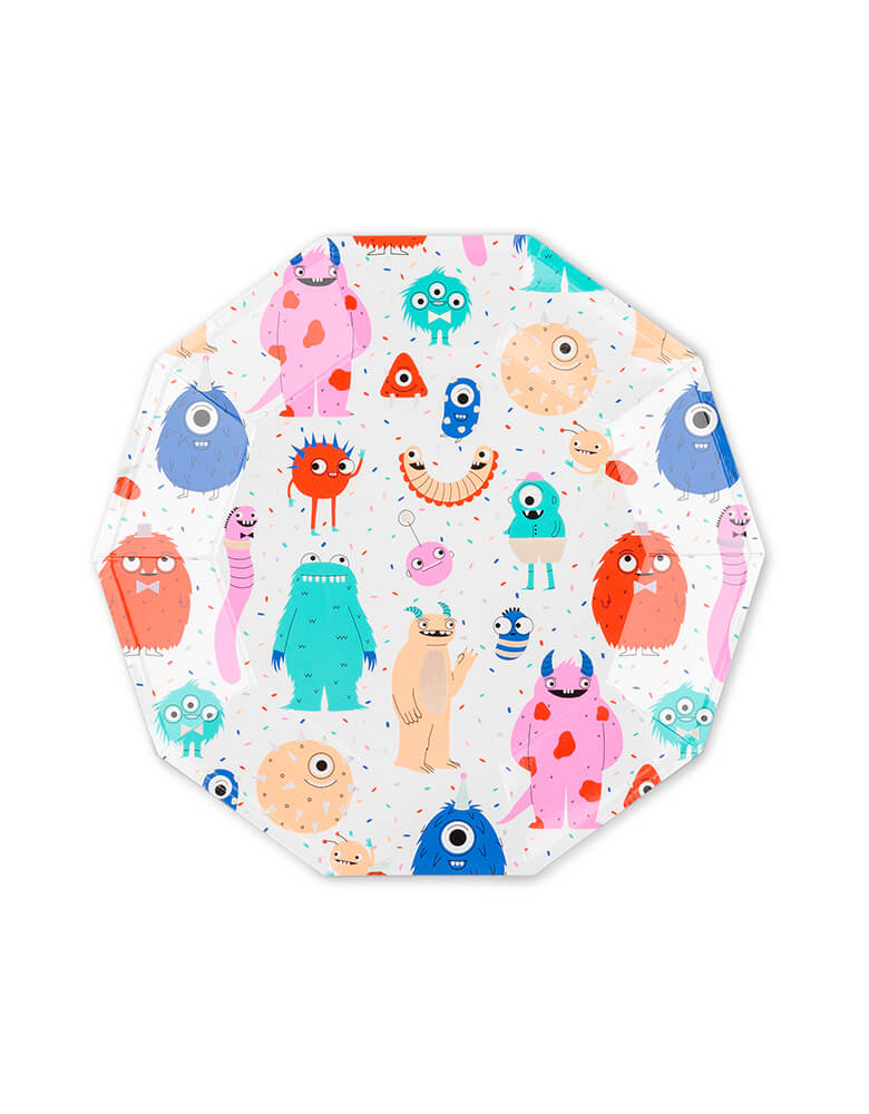 Jollity & Co Party Boutique - Daydream society collection - Little Monsters Large Plates. Featuring a bright color palette full of neons and pops of holographic silver foil, these monster large plates deliver monstrous amounts of fun!