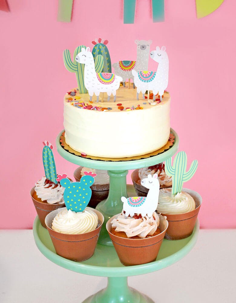 Merrilulu's Llama and Cactus Cupcake Toppers on cupcakes in a fiesta themed birthday