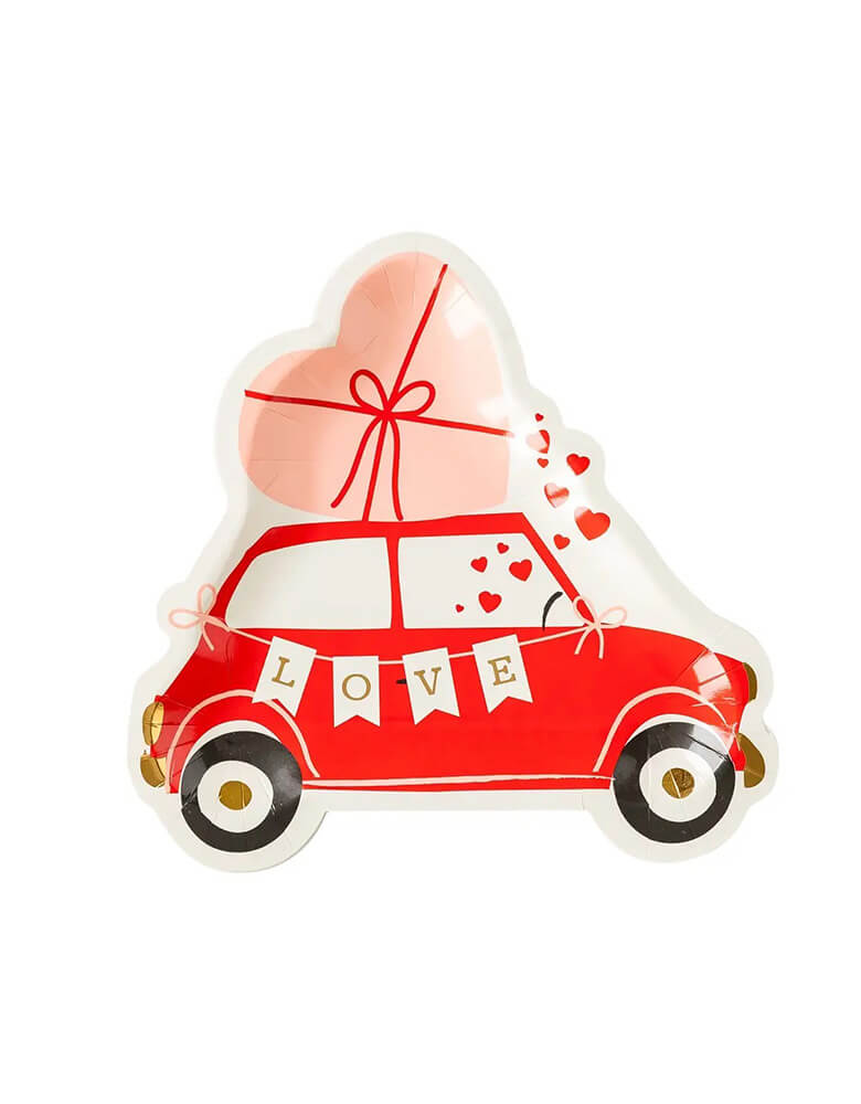 Momo Party's 9" x 9" die cut love bug plates by My Mind's Eye, comes in a set of 8, these plates feature a red mini Cooper car with a "LOVE" party banner on it, on top of the car there's a pink heart with red ribbon on it with scattered hearts falling, an adorable set of plates for your Valentine's Day decoration!