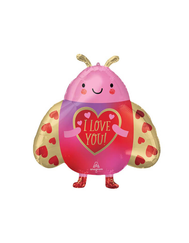 Momo Party's 18" love bug shaped foil balloon by Anagram Balloons, with an adorable illustration with heart shaped design on the ladybug, it makes a great Valentine's Day balloon decoration for kids.
