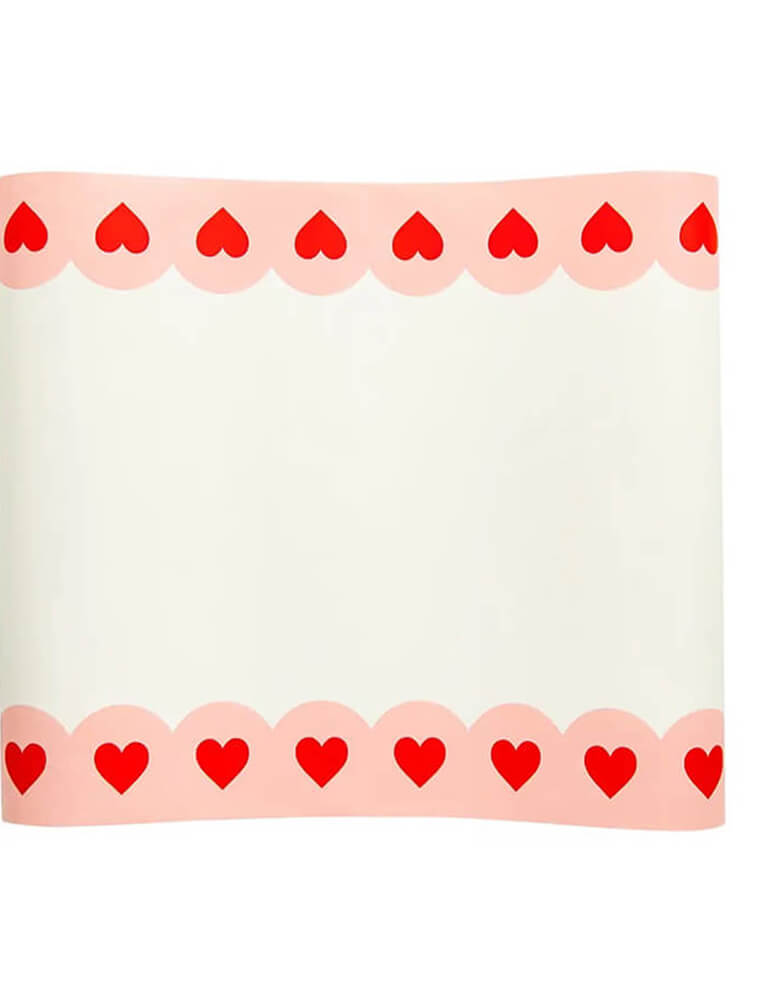 Momo Party's 30" x 120" pink heart border table runner by My Mind's Eye, it is great for Valentine dessert tables, anniversary dinners, and parties! It makes setting and cleaning up a festive table easy, especially when you layer it with some of Momo Party's cute Valentine plates and napkins!