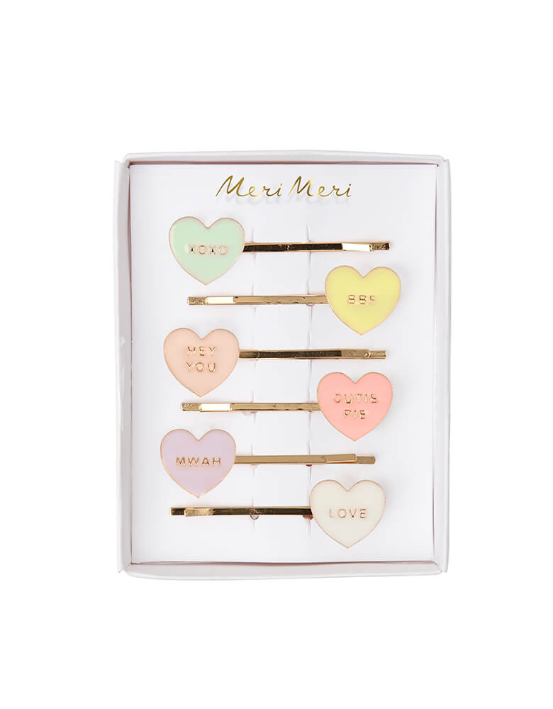 Meri Meri Love Hearts Enamel Hair Slides Set of 5 in 5 pastel colors with conversation heart texts on them for Valentine's Day party