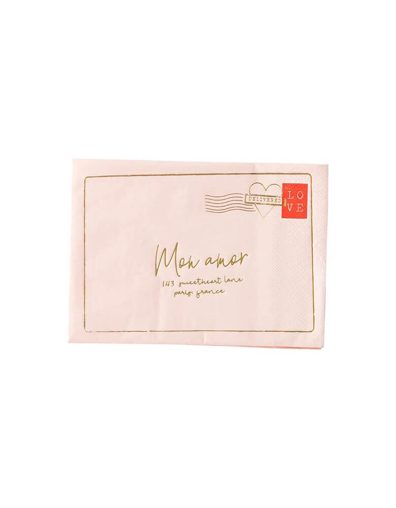 Momo Party's 6.5 x 4.5" love note letter shaped napkins by My Mind's Eye, designed to look like a Valentine's Day love note, and featuring gold foil accents, these napkins add the perfect touch to a Valentine's Day tablescape, or spread some cheer at a Galentine's cocktail party!