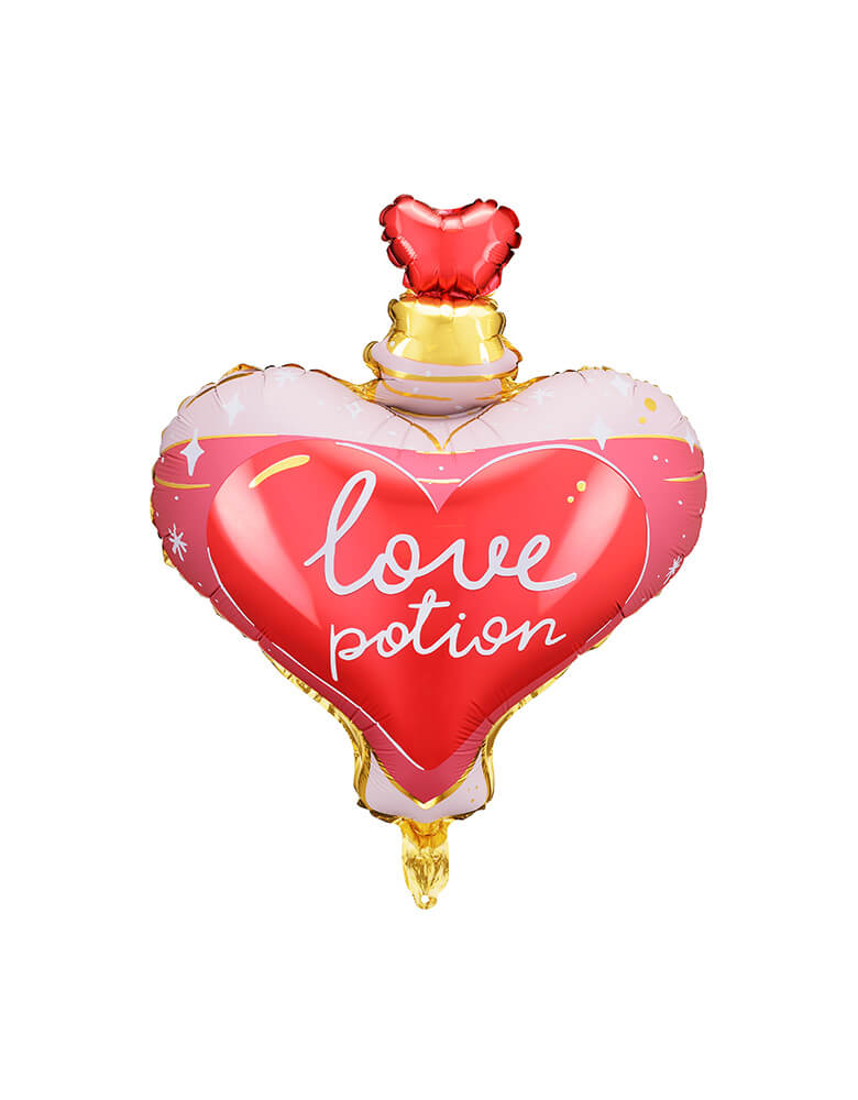 Momo Party's 19 x 21 inches potion bottle heart shaped foil balloon by Party Deco in the colors of pink and red, with the message "love potion" written on the balloon and an adorable heart shaped bottle lid, it's perfect to express your love in a romantic Valentine's Day celebration.