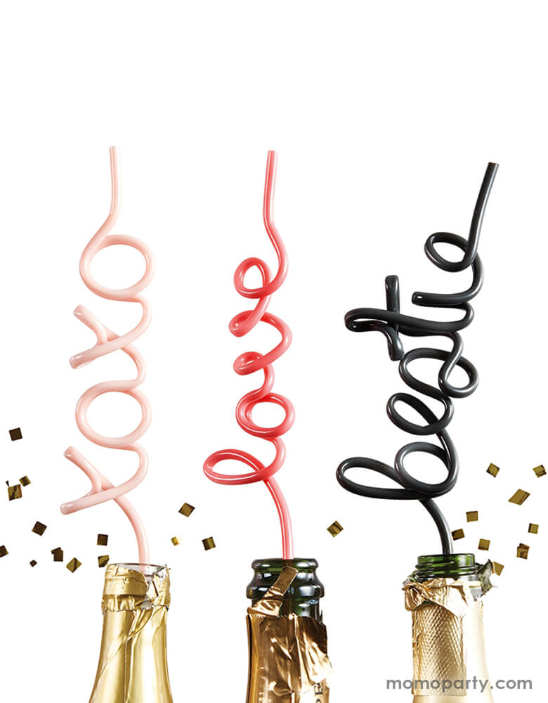Momo Party's  Pink Love Word Straw, Light pink Xoxo Word straw and Black Bestie word straw by Santa Barbara Design Studio in the bottles. Take a sip out of these word plastic reusable straws. It's perfect for a Valentine's Day celebration or love themed party!