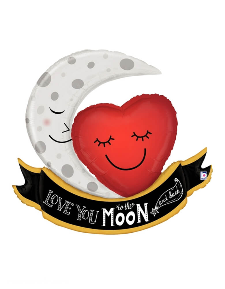 Betallic balloons -  Love You To The Moon and Back Foil Balloon, featuring 42 inches foil balloon with a smiley eye closed moom and red heart next to each other with a "love you to the moon and back" text on a ribbon at the bottom