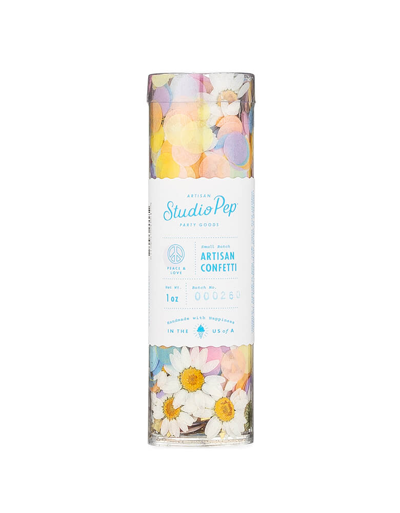 Studiopep - Love and Peace Artisan Confetti Tube. A tube with 1 ounce of artisan confetti & 0.5" circle confetti. A perfect color combination with dried daisies. Pressed from American-made premium tissue paper, it's perfect for a floral themed party, girl baby shower or any love-and-peace-themed party!