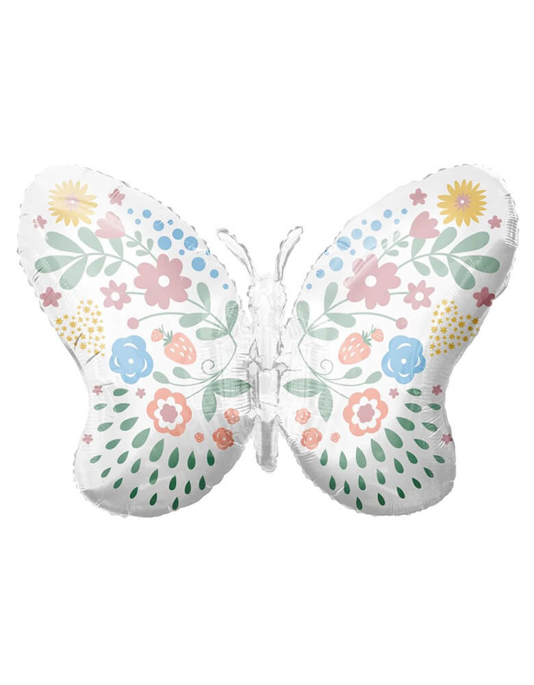 Tuflex 34" Lovely-Butterfly-Foil-Mylar Balloon with pastel floral illustrations on it, perfect for a spring themed celebration or girl's butterfly/fairy themed birthday party