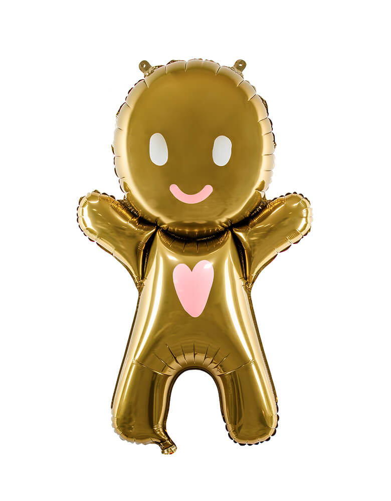 Party Deco 34 inch large Lovely Gingerbread Man Foil Mylar Balloon, feathering a gingerbread man shaped with pink heart on the body and happy face. this cute modern designed balloon is perfect for kids Christmas party, holiday celebreation