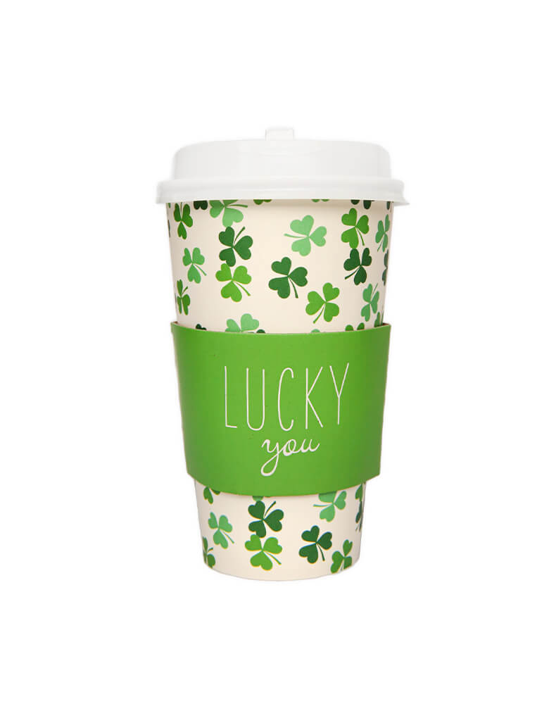 My Minds Eye - St. Patrick's Day Collection - Lucky You Shamrocks To Go Cups. Featuring a Cream to-go cups with shamrock design and green wrap with "LUCKY you" text on it . Lucky you! Sipping some good luck with these to-go cups with shamrock design.