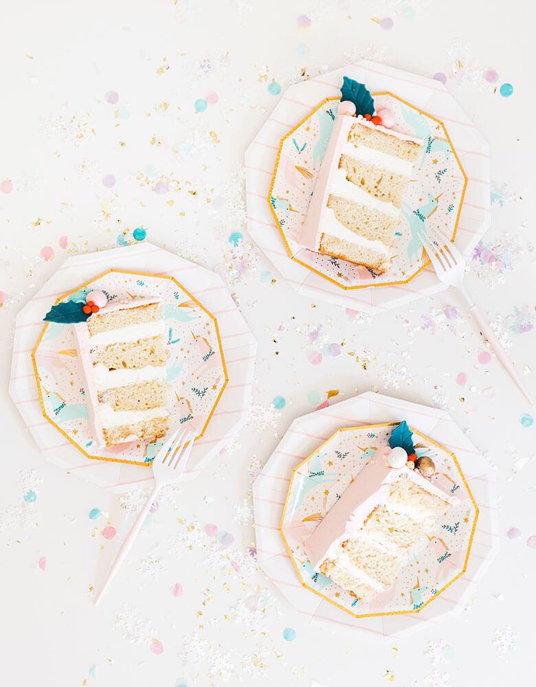 Christmas cake on Daydream Society's 7.5 inches Magical Christmas plates featuring unicorn illustrations in pastel colors