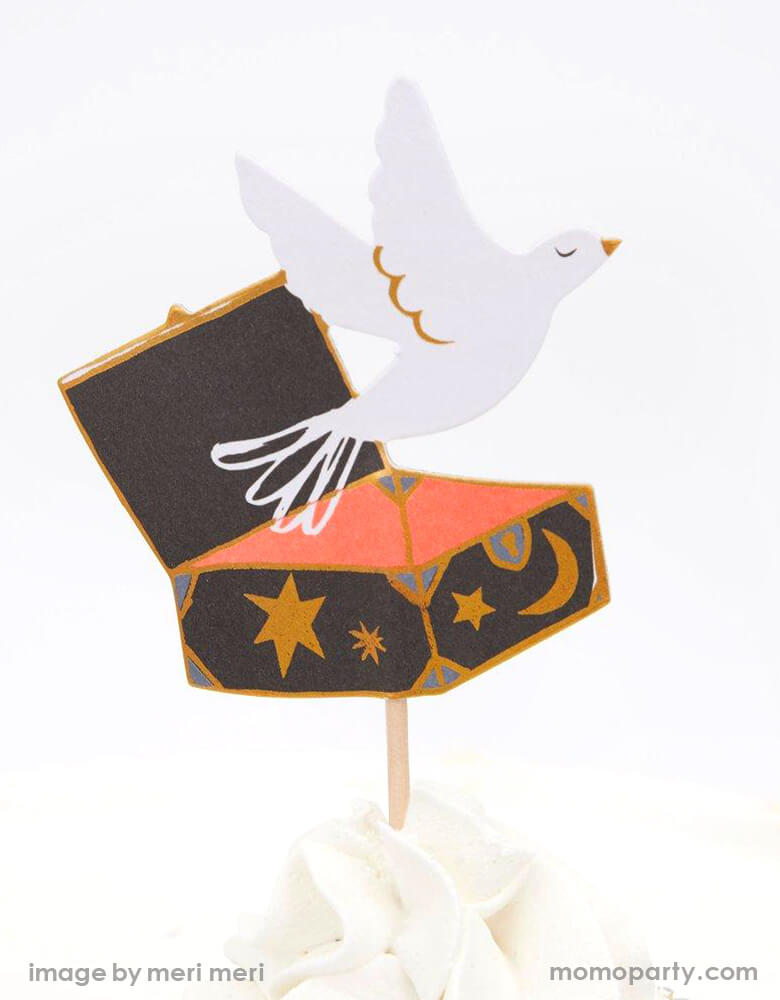 Meri Meri Magic Cupcake Kit, details of doves flying out of a magic box topper