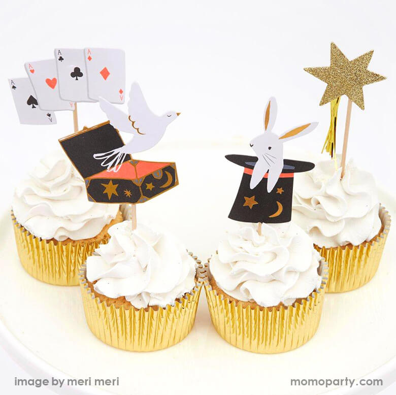 Meri Meri Magic Cupcake Kit,  cupcakes with gold glittering stars, cards, rabbits popping out of a hat and doves toppers, and gold foil wrapper on each cupcake. morden design for kids Magic themed party, magic show party