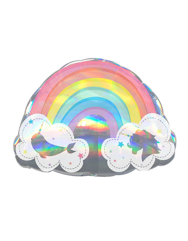 Anagram 28" Holographic Magical Rainbow Unicorn And Narwhal Foil Balloon, This shimmering foil balloon is shaped like a rainbow and features a unicorn and a narwhal on either side, Add a little magic in a big way with this ultra shiny rainbow balloon complete with clouds swimming with a narwhal & unicorn and iridescent sheen, An amazing way to decorate a rainbow unicorn birthday or celebrate someone special!