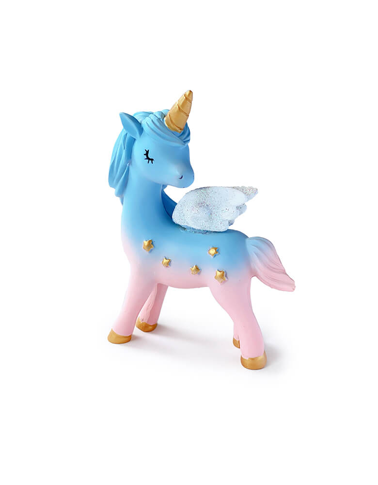 Magical Unicorn Cake Topper, 4 inch tall, with blue and pink color, gold horn and gold stars on the body. Unicorn toy, Unicorn figure, Unicorn display toy for a Unicorn lover and rainbow birthday party, unicorn birthday party gift