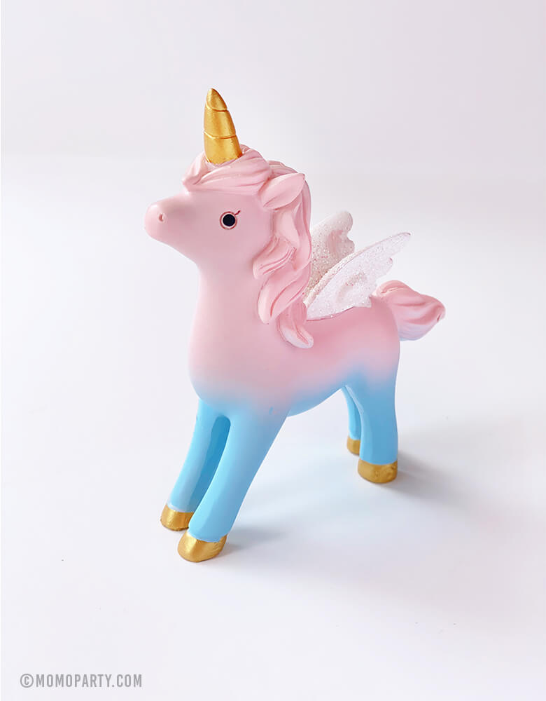 Magical Unicorn Cake Topper, 4 inch tall, with Pink body and pastel blue legs, gold horn and gold stars on the body. Unicorn toy, Unicorn figure, Unicorn display toy for a Unicorn lover and rainbow birthday party, unicorn birthday party gift