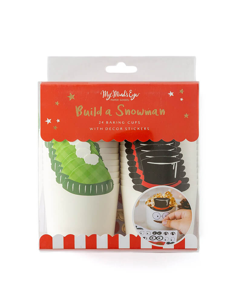 My mind's Eye - Make Your Own Snowman Food Cups. Pack of 24 in 2 designs: green sweater hat and classic snowman black hat, and Decor stickers. Decorate them with your kids with the snowman stickers and have a fun-filled family time this holiday season. They're perfect for baking cupcakes right in the oven.