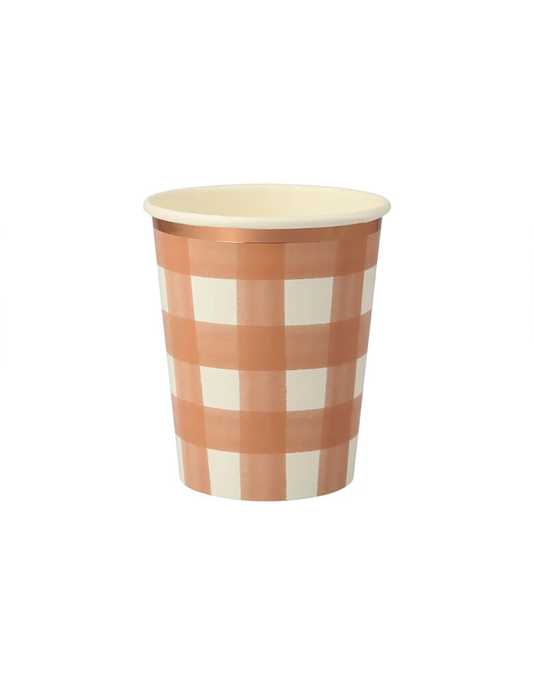Meri Meri 9 oz burnt orange gingham cups with with a shiny copper foil border, perfect for a Halloween party or an Autumn themed party or Thanksgiving Frinedsgiving gathering