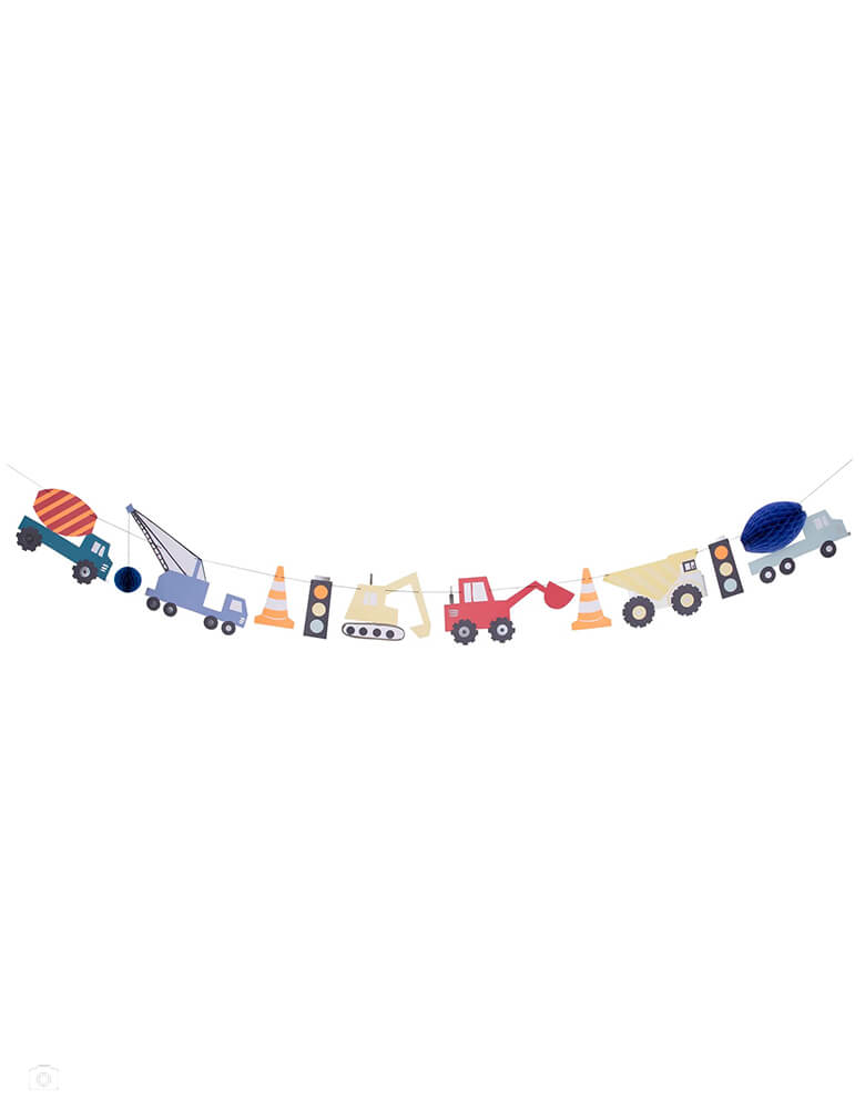 Meri Meri 10ft construction garland, easily turn the party room, or a bedroom, into an amazing construction zone with this colorful garland. It features beautifully illustrated vehicles, with 3D honeycomb paper effects and eye-catching shiny silver foil details. 