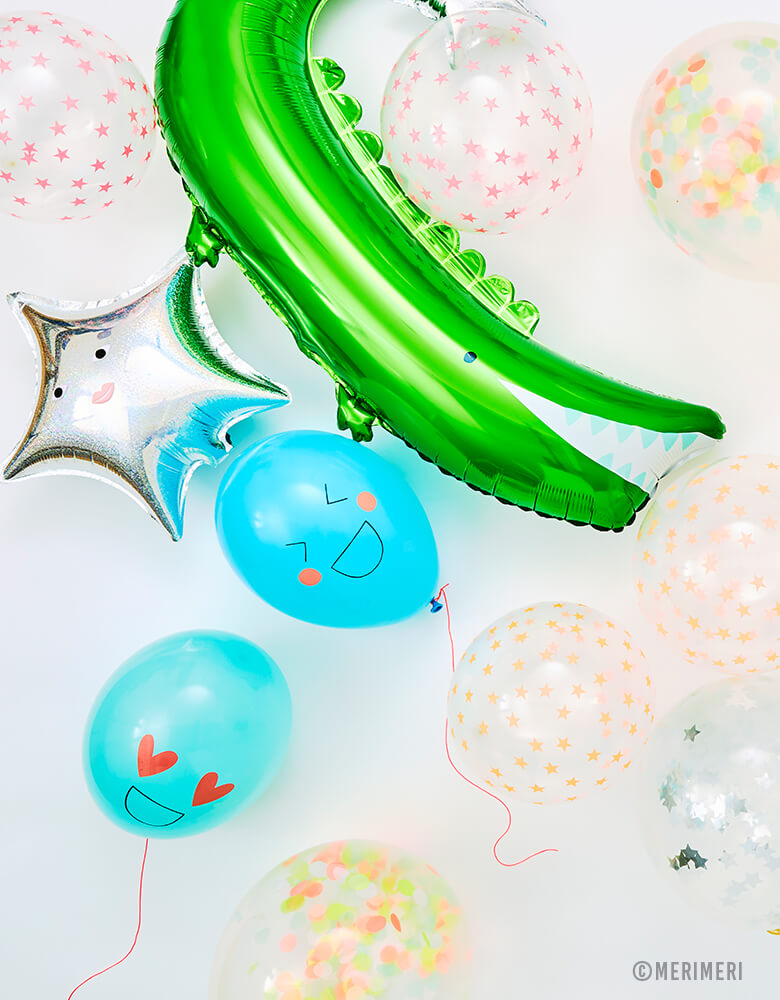 Meri Meri Crocodile Mylar Foil Balloon with Silver Star and confetti latex balloons
