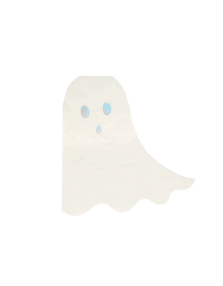 Meri Meri Halloween Holographic Ghost Napkins feathering holographic print on a Ghost die cut shape. Adding these spooky fun and flair to your Halloween celebration. Modern halloween party tableware for a kid-friendly modern spooky halloween party, trick-or-treating halloween party, nightmare before christmas party, witch themed party and all halloween related celebrations