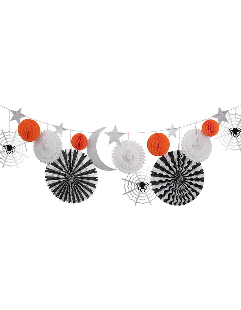 Meri Meri jumbo Halloween honeycomb shapes garland featuring 5 pinwheels, 4 honeycomb balls, 3 silver foil cobwebs, 3 glittered spiders, 1 glittered crescent moon and 5 glittered stars. Orange honeycomb balls are in 2 sizes, with 2 of each, with neon orange cords Garland is crafted from black and white chunky bakers twine. It's beautifully designed with a combination of stars, cobwebs, spiders, pinwheels, a crescent moon, honeycomb balls and lots of shimmering glitter. Perfect for Halloween parties