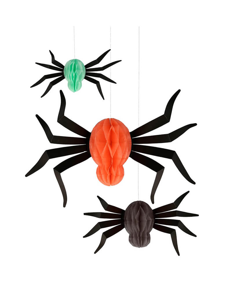 Meri Meri Jumbo hanging honeycomb spiders in 3 colors of orange, grey, and mint of 3 sizes: 22" , 6.75" and 4". Simply assemble these honeycomb shaped spiders and hang them form the ceiling or wall and immediately create a spooky effect for your Halloween party or trick or treat celebration.