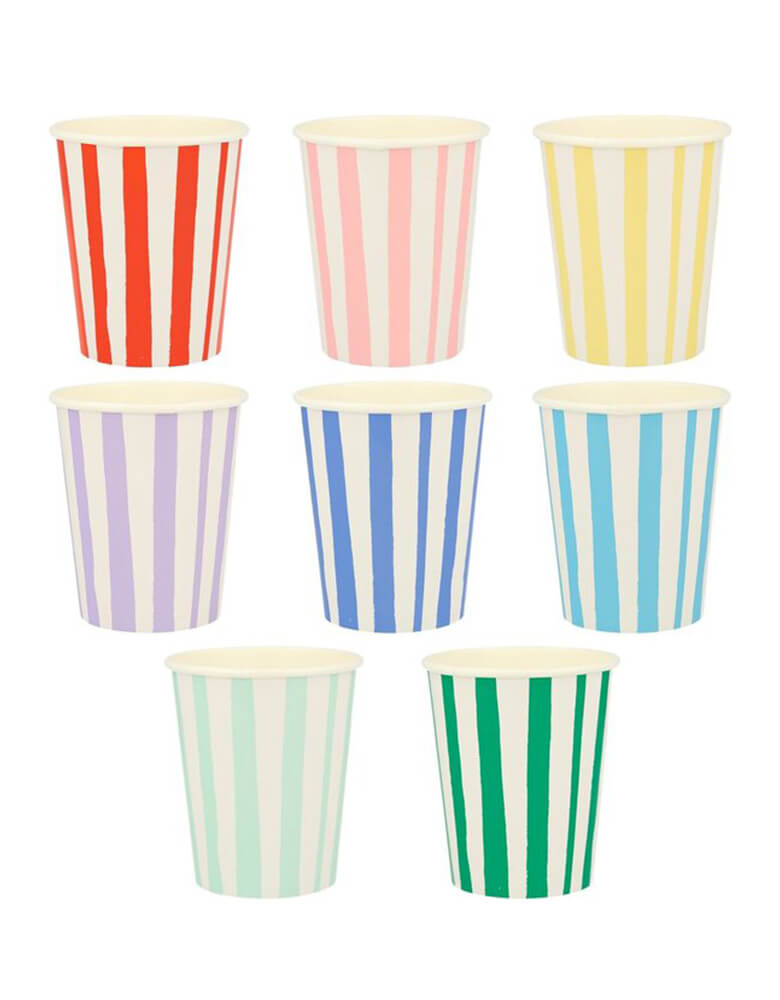 Meri Meri Mixed Stripe Cups in red pink yellow lilac navy blue mint and green