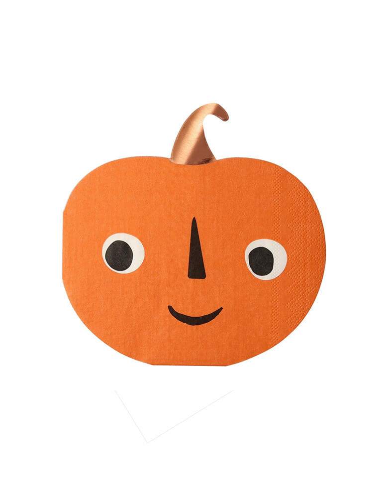 Meri Meri 6.5" pumpkin napkins featuring a happy face with goggly eyes, perfect for kid's not-so-scarry Halloween party or a trick or treat event