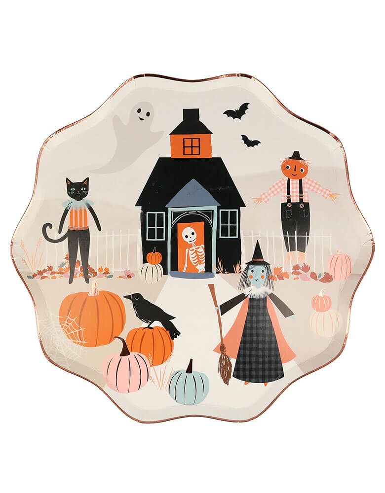 Meri Meri 10.25" Halloween pumpkin patch dinner plates featuring happy Halloween icons including a witch, a friendly skeleton, a scarecrow, a black cat, a haunted house, bats and pumpkins with stylish gingham print details, and Halloween shades of black and orange, perfect for a not-so-spooky kid's friendly Halloween party