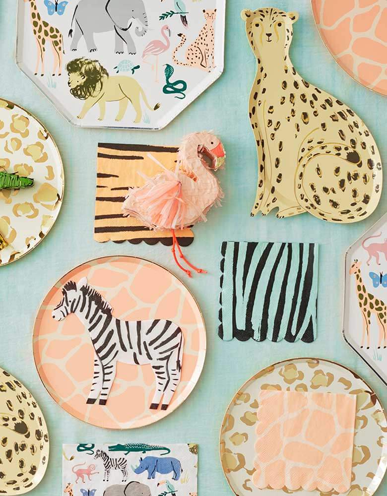 Meri-Meri-Safari-Animal-Collection-Tablescape featuring party plates, napkins in wild animal designs 