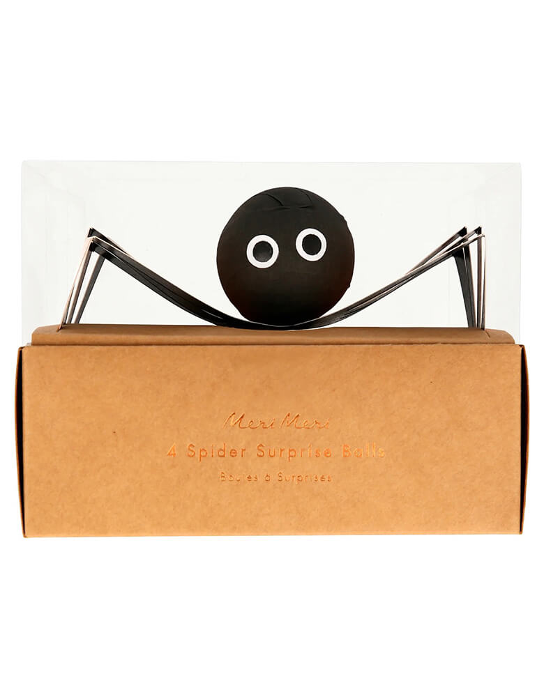 Meri Meri Halloween Spider Surprise Balls in package. These surprise balls are crafted from layers of crepe paper and have paper legs with foil detail, and stickers for the eyes. They look absolutely amazing on your Halloween party table, or popped into a party bag as a treat to delight your guests. Unwrap the layers to reveal the hidden gifts!