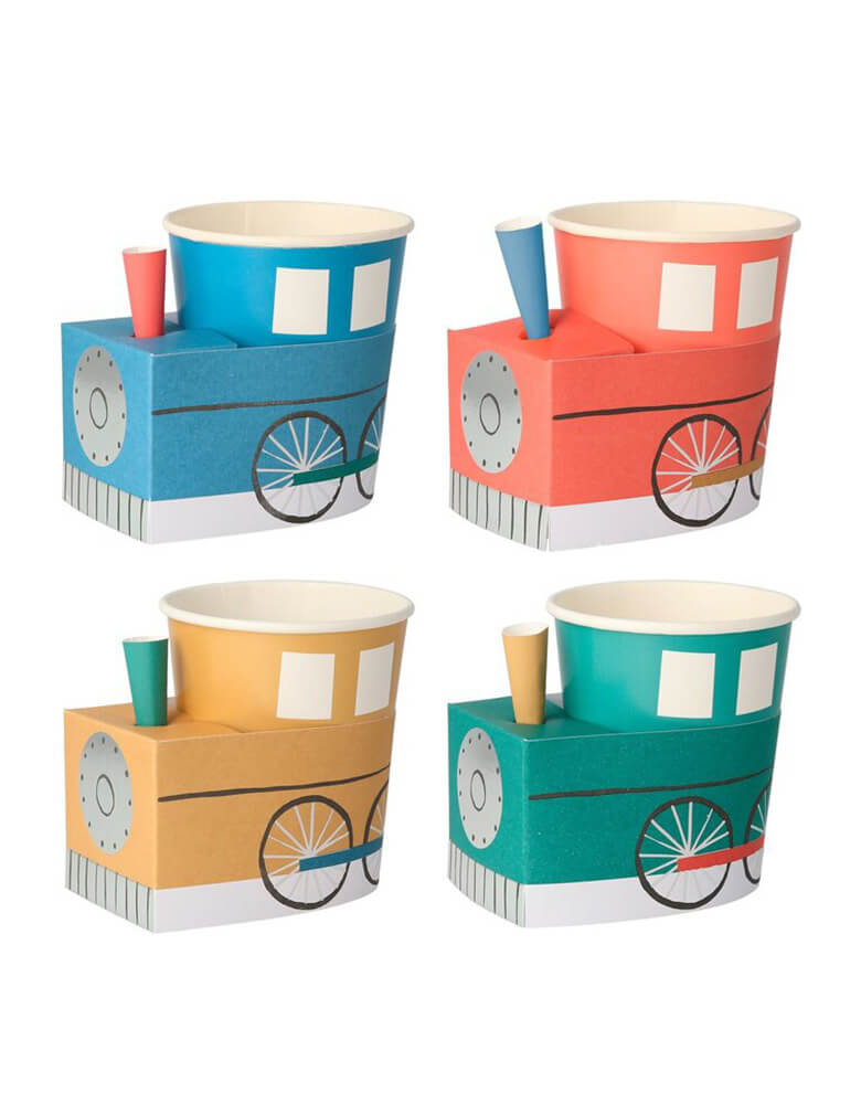Momo Party 3D Train cups by Meri Meri. Pack of 8 in 4 colors of blue, red, yellow and green, at size 9 oz. capacity, they're perfect for kid's birthday party. Simple self assembly required. Cups are made of 3 easy-to-assemble pieces - cup, cup wrap and funnel