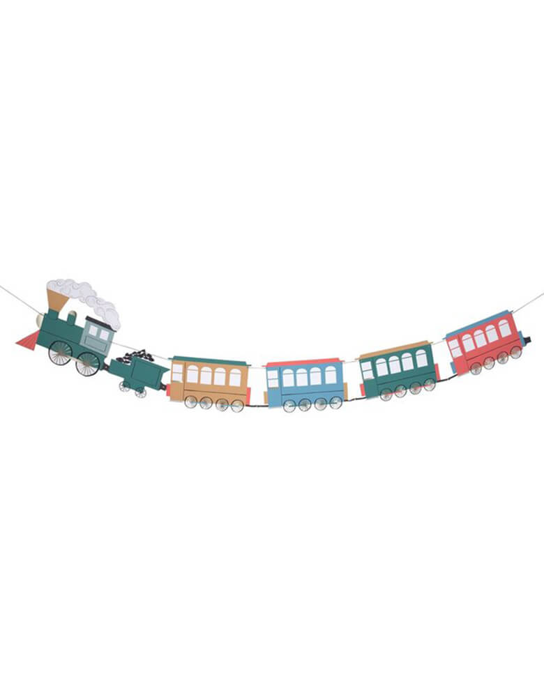 Meri Meri Train Garland in 4 bright colors of red, green, blue and yellow, perfect for a toddler's chugga chugga Two Two 2nd birthday party