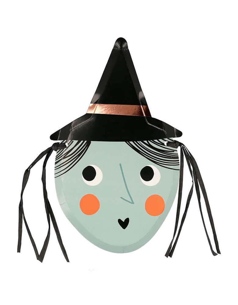 Meri Meri Halloween witch shaped plates featuring a hat with a shiny foil band, and has sensational 3D black raffia hair,  each set comes with 8 plates, they're great for kid's not-so-spooky Halloween party or trick or treat celebration.