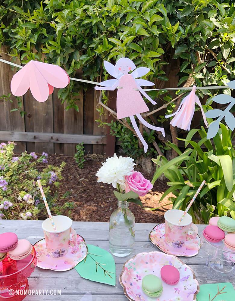 Garden Tea Party with MeriMeri-Fairy-Garland with fairy pennants, flowers, Talking Tables' Blossom Girls Small Plates and cups  