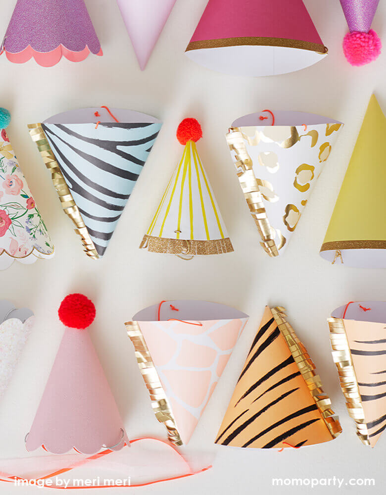 Meri Meri party hats with fun color prints and foil details