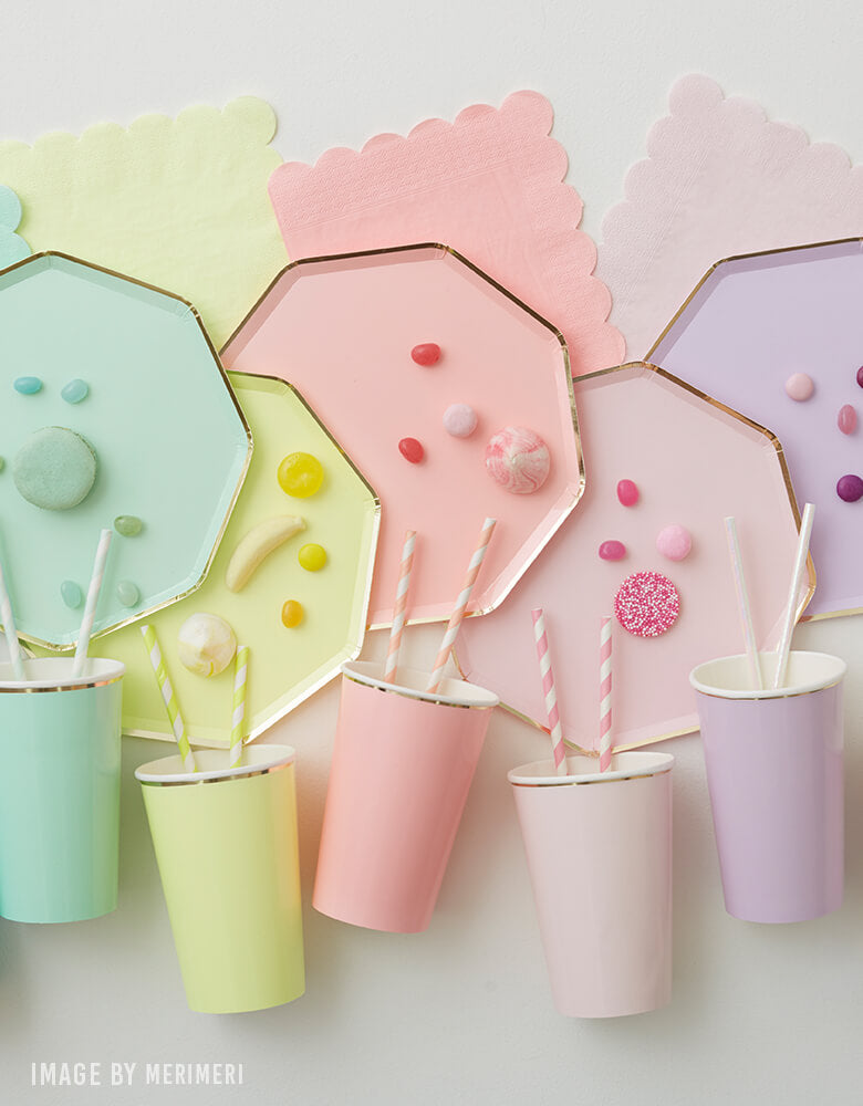 Meri Meri Pastel Colorful Large Dinner Plates in pale pink, pale mint, pale yellow, pale lilac colors, with an elegant gold foil border, Made from high-quality card with a superb gloss finish, pair with same color cups, pastel paper straws, sweets and candies. There are perfect for patel themed parties, baby showers, any type or modern parties.