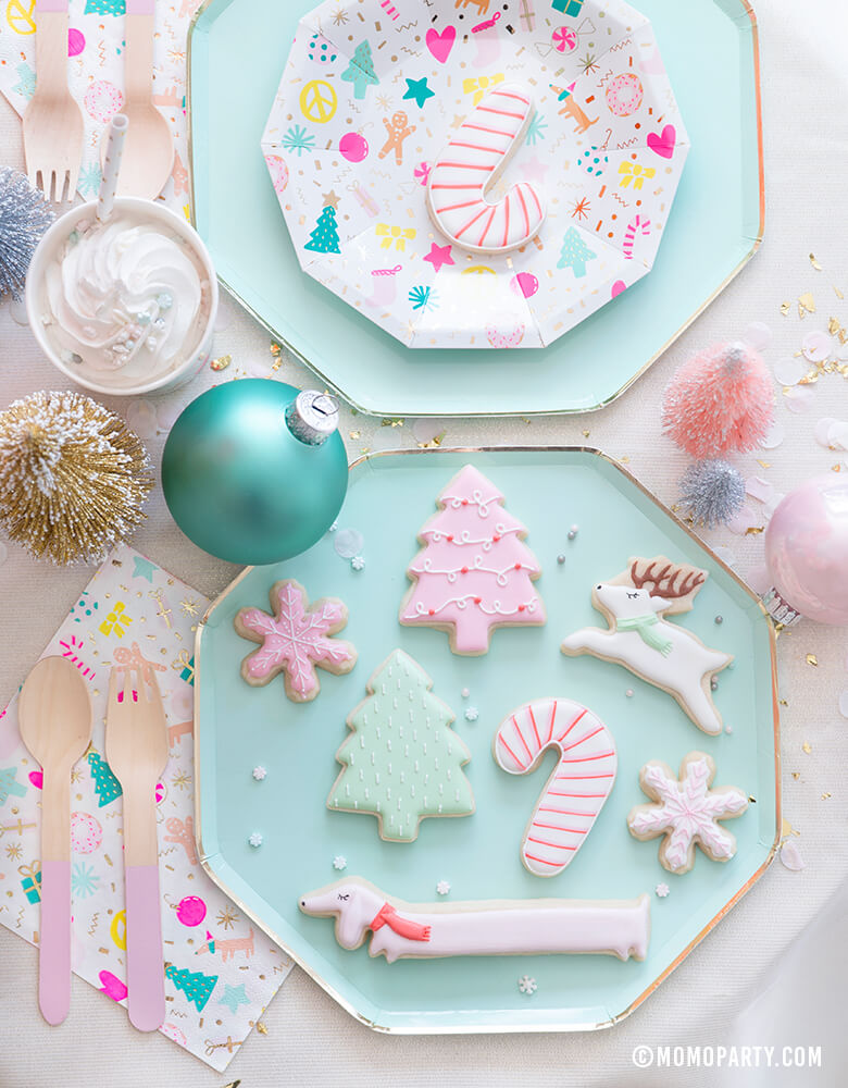 Momo party Christmas Merry and bright party tableware with Mint Large Dinner Plates, Merry and Bright Small Plates and mixed of pastel christmas themed cookies