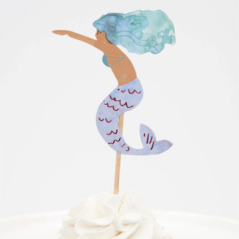 Meri Meri Mermaid Cupcake Kit topper with a watercolor illustrated swimming mermaid with purple tail and light blue hair design