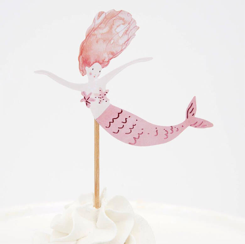 Meri Meri Mermaid Cupcake Kit topper with a watercolor illustrated pink swimming mermaid design 